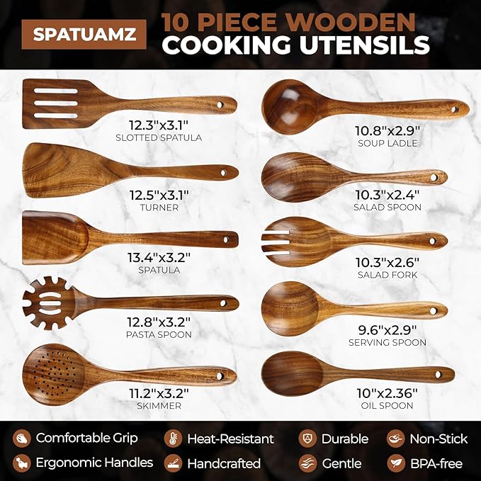 SPATUAMZ Teak Wood Spoons for Cooking, Elegant Wooden Cooking Set of 10, Excellent Kitchen Cooking Utensils Set for Home-Ruum Studio Home