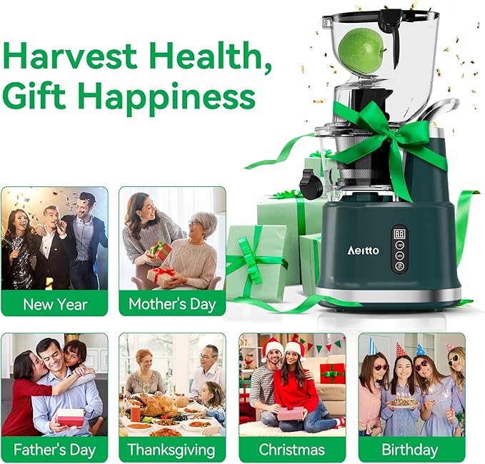Cold Press Juicer,Aeitto Slow Masticating Juicer with Wide & Dual Feed Chute for Vegetables and Fruits, High Juice Yield, Self Feeding for Juice Extractor, BPA-Free, Dark Green-Ruum Studio Home