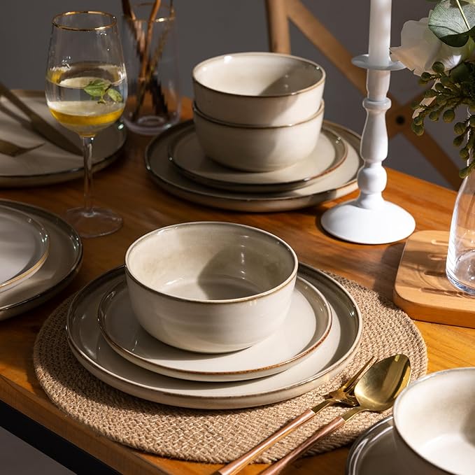 GBHOME Ceramic Dinnerware Sets for 6, 18 Pieces Stoneware Plates and Bowls Sets, Scratch Resistant Dishes, Dishwasher & Microwave Safe, Reactive Glaze-Cappuccino-Ruum Studio Home
