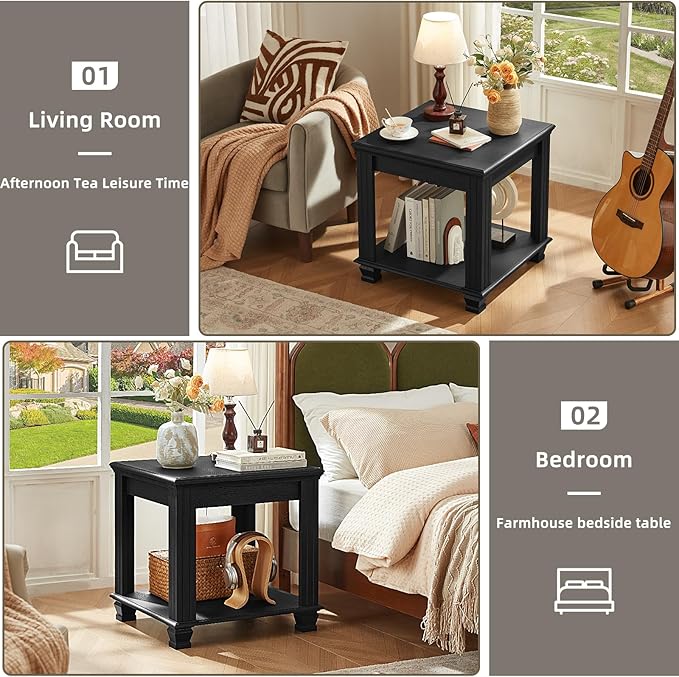 Farmhouse End Table Set of 2,Large Side Table with 2-Tier Storage Shelf,Rustic Wood End Tables for Living Room,Square Tea Table, Black-Ruum Studio Home