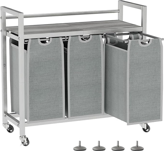Laundry Hamper, Laundry Basket, Laundry Sorter with 3 Removable Bags, Clothes Basket with 3 Compartments, Wheels, Shelf for Laundry Room Bathroom Bedroom (3 Bags-Gray)-Ruum Studio Home