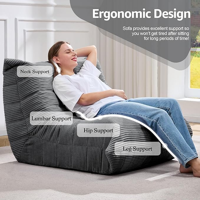 Bean Bag Chairs for Adults Giant Bean Bag Chair Memory Foam BeanBag Chair Big Bean Bag Sofa with Filler Faux Fur Fireside Beanbags Lazy Sofa for Living Room Bedroom Dorm Office (Grey Corduroy)-Ruum Studio Home