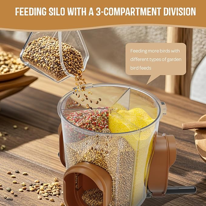 LONA Bird Feeders for Outdoors Hanging – 3 Separate Compartments, 3 Feeding Ports, Weatherproof Dome & 3 Ways to Hang, Large Capacity for Cardinals/Finches (Brown-Ruum Studio Home
