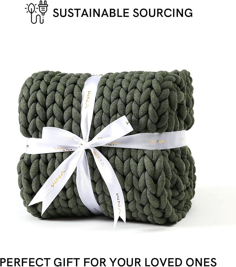 YnM Chunky Throw Blanket, Medium-Weight, Hand Knitted, Skin Friendly, Ventilated and Breathable, Machine Washable, Home Décor Piece for Couch, Sofa and Bed (Olive, 60x80 Inch)-Ruum Studio Home