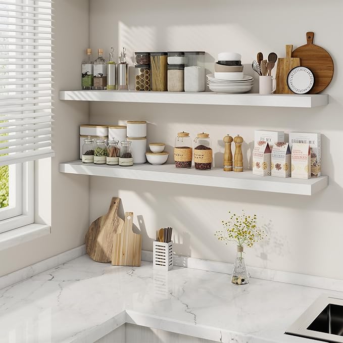 Fun Memories 48 Inch Deep Floating Shelves for Wall, 2 Pack of Long Wall Mounted Wood Shelves with Invisible Brackets for Bathroom, Bedroom, Living Room, Kitchen Decor and Storage, White-Ruum Studio Home