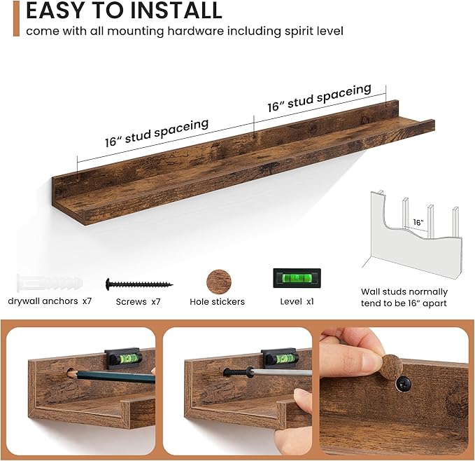 Fun Memories Picture Ledge Shelves Set of 2, 36 Inch Rustic Wall Mounted Floating Shelves with Lip for Home Storage and Décor in Bathroom, Kitchen, Nursery, Bedroom, Living Room, Brown-Ruum Studio Home