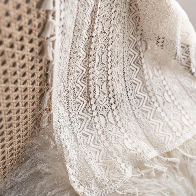 Sutuo Home Crochet Boho Curtain 96 Inches Length, Sheer Lace Handmade Tassels Knitted Window Treatment Vintage Rustic Bohemian Farmhouse Drape for Bedroom Rod Pocket 1 Panel 59" W x 96" L, Beige Wave-Ruum Studio Home