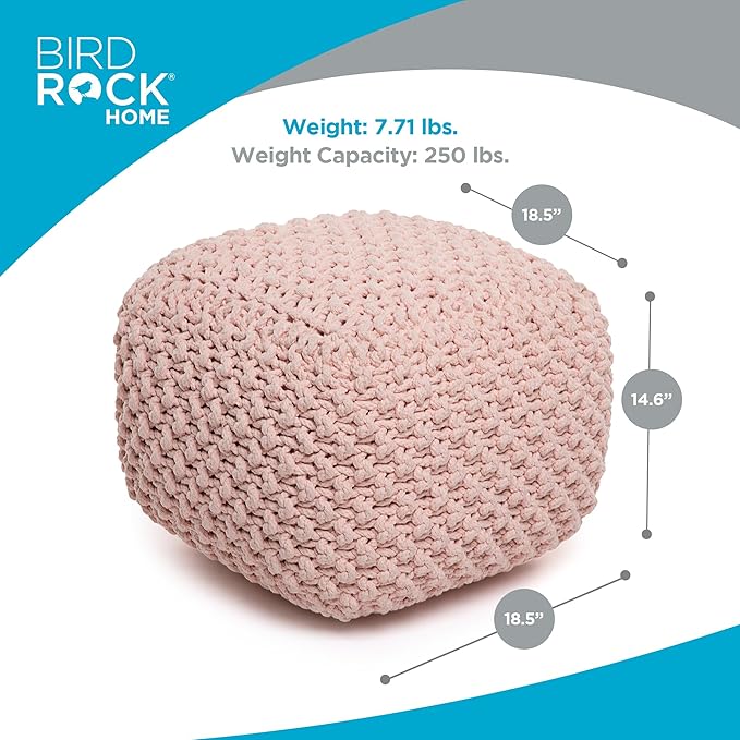 BIRDROCK HOME Square Pouf Ottoman | Cotton Braided Foot Stool with Bean Bag Filling | Boho Foot Rest for Living Room, Bedroom | Compact & Comfortable Seating, Lightweight & Sturdy | Dusty Rose-Ruum Studio Home