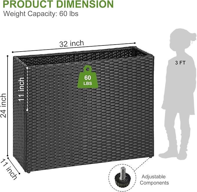 LEWIS&WAYNE Tall Planters for Outdoor Plants Handmade Wicker Large Rectangular Block Planter Box with Removable Liners Modern Planter for Indoor Outdoor Patio Deck - Black-Ruum Studio Home