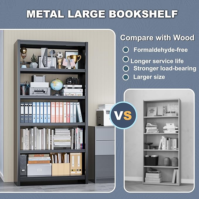 Bookshelf, 5 Shelf Bookcases, Tall Bookcase for Heavy Books, CDs, Movies, Garage Kit, Modern Display Shelf for Library Home Office Bderoom Living Room, Metal Bookshelves Industrial Black-Ruum Studio Home