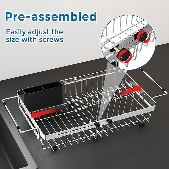 MAJALiS Expandable in Sink Dish Drying Rack - Adjustable Capacity (11.3''-17''L) Stainless Steel Over Sink Dish Drainers Rack for Kitchen Sink with Utensil Holder, Silver-Ruum Studio Home