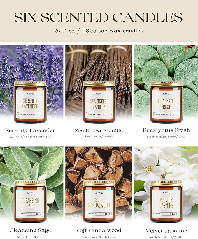 AOOVOO Candles Set - 6PC Scented Candles, Soy Candle, Aromatherapy Candle, Soy Wax Candle, Candle for Home Scented, Lavender/Vanilla/Eucalyptus/Sage/Jasmine/Sandalwood-Ruum Studio Home
