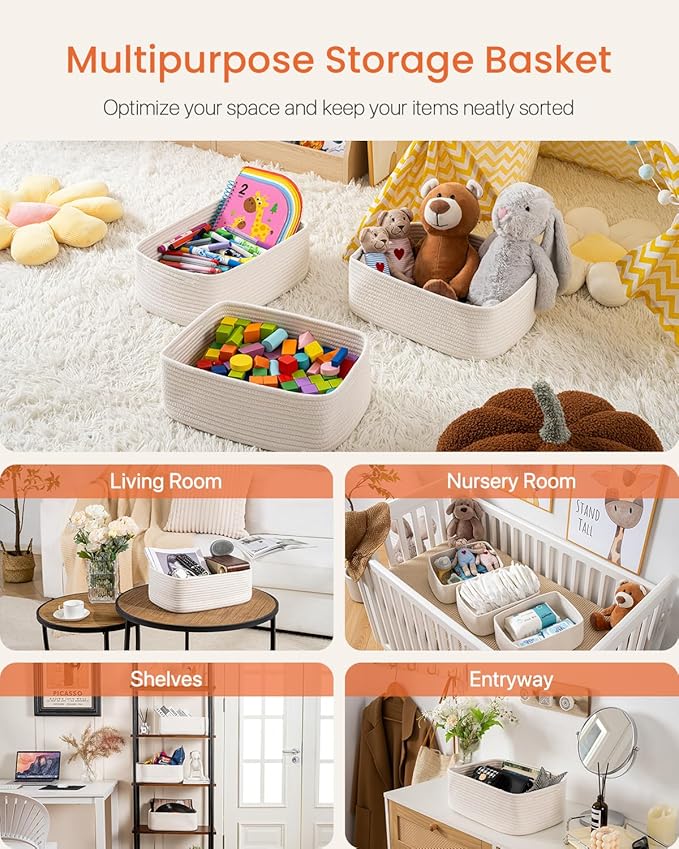 KALLAX Small Woven Basket, 13.5 x 9.5 x 5 Inches, Storage Basket for Organizing, Cute Small Rope Shelf Closet Cube Storage Bins Baskets for Shelves, Dog Toy Gift Baskets Empty, 3 Packs, Off White-Ruum Studio Home