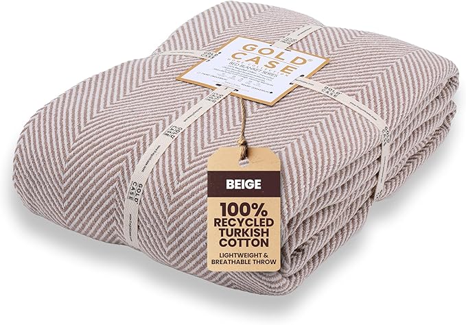Gold Case Throw Blanket for Bed – 100% Recycled Turkish Cotton Bed Blanket – Decorative Throw Cotton Blankets for Living Room & Bedroom – Woven Twin Blankets - 71x90 - Elegant Beige-Ruum Studio Home