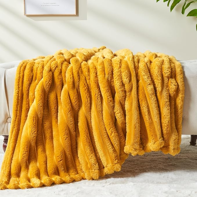 NEWCOSPLAY Super Soft Throw Blanket Mustard Yellow Premium Silky Flannel Fleece 3D Ribbed Jacquard Lightweight Bed Blanket All Season Use (Mustard Yellow Ribbed, Throw(50"x60"))-Ruum Studio Home