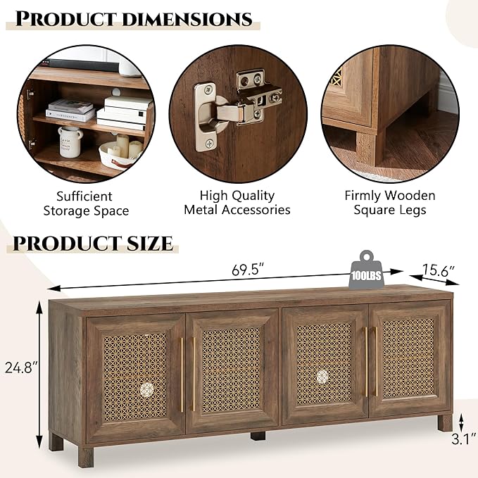 JYED Mid Century Modern TV Stand for TVs up to 75 Inch, with Hollow Metal Mesh Decorated，Boho TV Console with Storage Cabinet,Cable Holes, TV Stand for Living Room, 69.5"x15.6"x24.8", Rustic-Ruum Studio Home