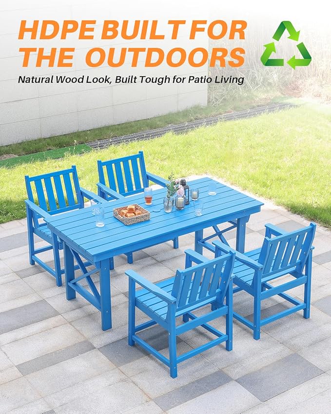 HDPE Outdoor Dining Table, 66.9” Rectangle Patio Dining Table for 6, All-Weather HDPE Outdoor Table with 2.2” Umbrella Hole, HDPE Patio Furniture for Deck, Backyard, Garden, Pool, Sky Blue-Ruum Studio Home