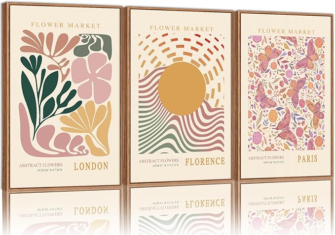 Tinonedraw Boho Flower Market Framed Canvas Wall Art Set, Pink Beige Cute Butterfly Wall Decor, Colorful Abstract Floral Wall Painting, Modern Matisse Art Print for Girls Room Bedroom Office Nursery 16"x24"x3-Ruum Studio Home