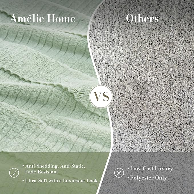 Amélie Home Luxury Striped Faux Fur Throw Blanket for Couch, Embossed Split Fur Cozy Fuzzy Fluffy Luxurious Soft Plush Sofa Chair Bed Gift Blankets for Women Men Wife Friend, 60"x80", Sage Green-Ruum Studio Home