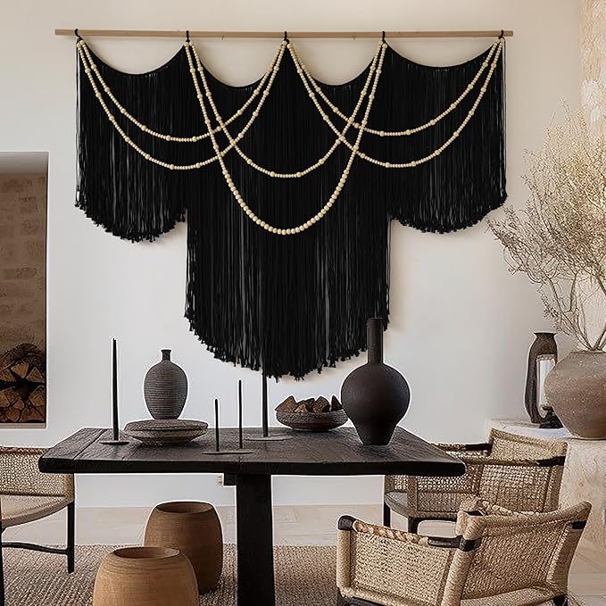 Macrame Wall Hanging Black Yarn Tapestry Home Decor Large Fiber Wall Art Living Room Bedroom Home Wall Decor 57" W x 43" L-Ruum Studio Home