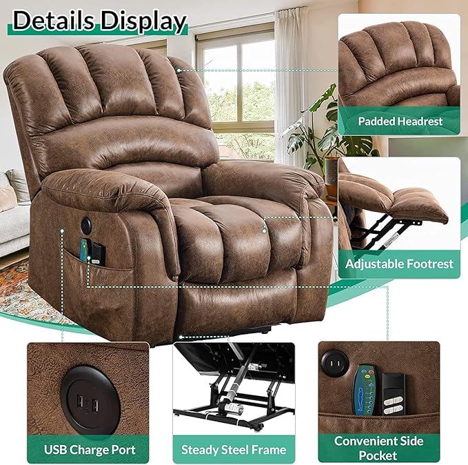 VIVIJASON Large Dual OKIN Motor Power Lift Recliner Chair for Elderly Big Man, 180° Lay Flat Electric Recliner with Heat & Massage, Infinite Position, 2 Remote Controls, Side Pockets & USB Port, Brown-Ruum Studio Home