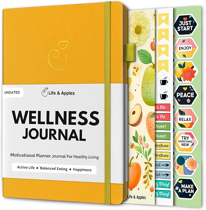 Life & Apples Wellness Journal Planner – Food Log, Fitness Tracker, Habit Tracker, Weight Loss Journal for Diet Tracking and Health Goals, Undated, Size A5 Yellow-Ruum Studio Home