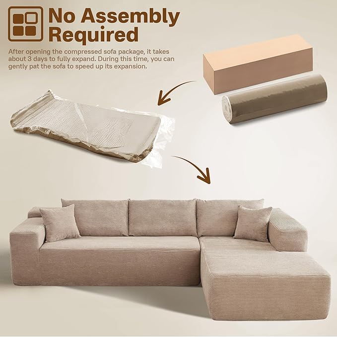104" Cloud Sectional Couches for Living Room,L Shaped Boneless Couch in A Box,Sleeper Sofa with Comfy Chaise No Assembly Required,Camel-Ruum Studio Home