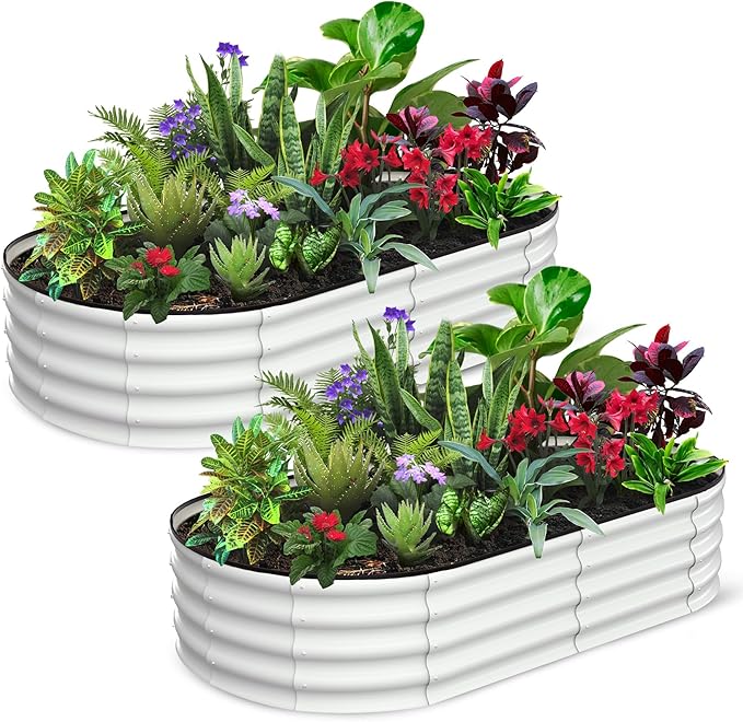 2 Pcs 6x3x1ft Oval Raised Garden Bed, Galvanized Raised Beds,Open-Ended Base Metal Raised Planter Beds,Garden Bed Outdoor,Planter Raised Boxes for Vegetables, Flowers,Tool-Free Asse,White-Ruum Studio Home