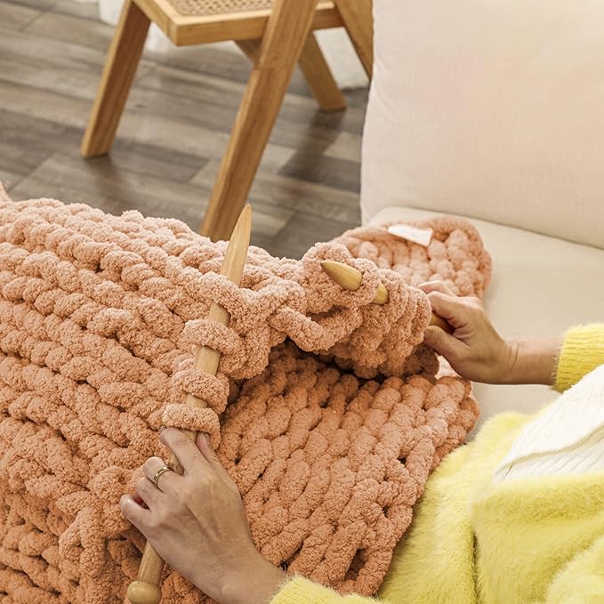 WESHIONGOO Chunky Knit Blanket Throw Knitted Throw Blankets for Couch Bed Fluffy Soft Blanket with Jumbo Chenille Yarn Thick 100% Handmade(Peach Fuzz, 50"×60")-Ruum Studio Home