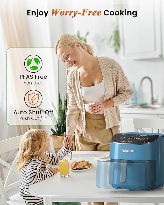 Nuwave Brio Plus Air Fryer 8 Qt, New & Improved, PFAS-FREE, 7 Digital One-Touch Cook Functions that AIR FRY, BAKE, ROAST, DEHYDRATE, TOAST, REHEAT, PREHEAT, 150 Presets, 50°F~400°F (Cozy Blue)-Ruum Studio Home