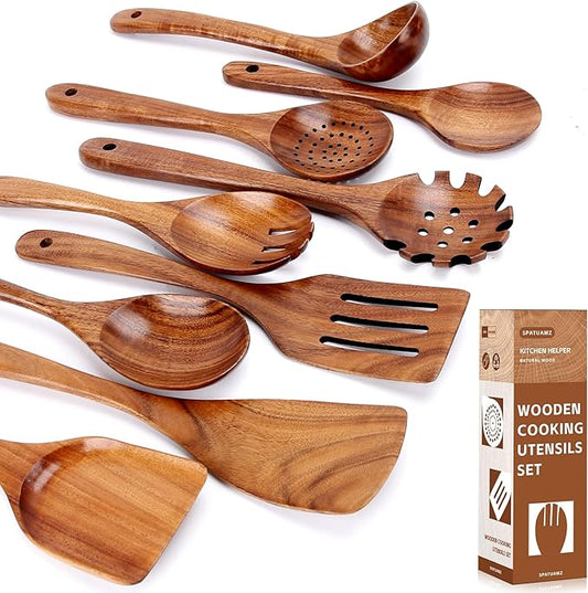 SPATUAMZ Natural Kitchen Utensils Set Wooden, Teak Wooden Spoons for Cooking, Wooden Utensils Set of 9 for Any Kitchen-Ruum Studio Home