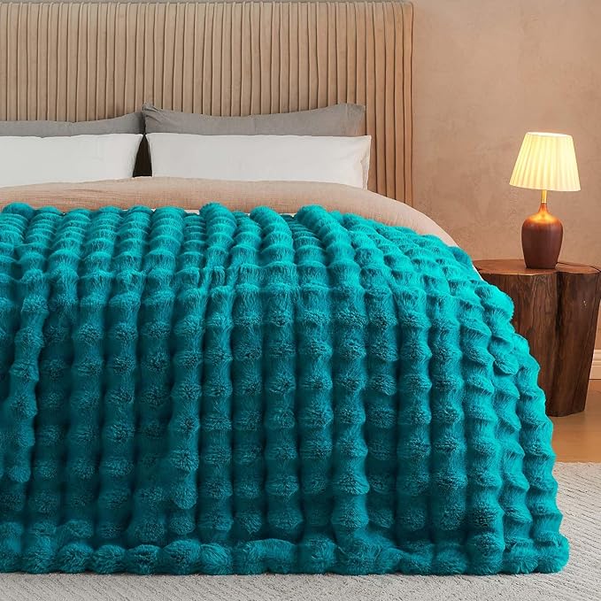 Lotus Karen Faux Fur Throw Blanket Teal - Big Bubble Rabbit Fluff Blanket for Couch Bed Sofa,Softest Fluffy Fuzzy Cozy Blanket,Thick Furry Plush Shaggy Warm Blankets for Women,90x90 Inches-Ruum Studio Home