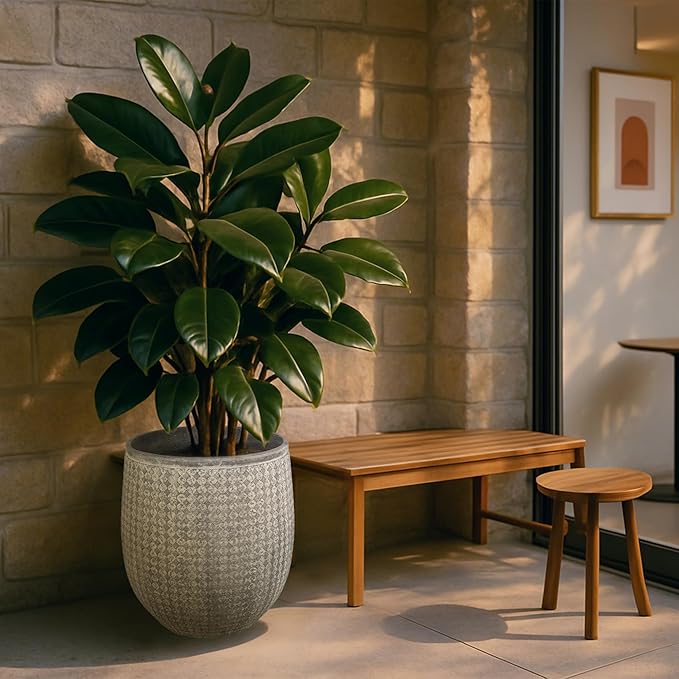 Worth Garden Large Grey Round Planter – 14.5" Dia x 17.5" H Lightweight Magnesium Oxide Cement Plant Pot with Texture – Raised Pattern Concrete Look – Drainage Hole – Indoor & Outdoor Use-Ruum Studio Home