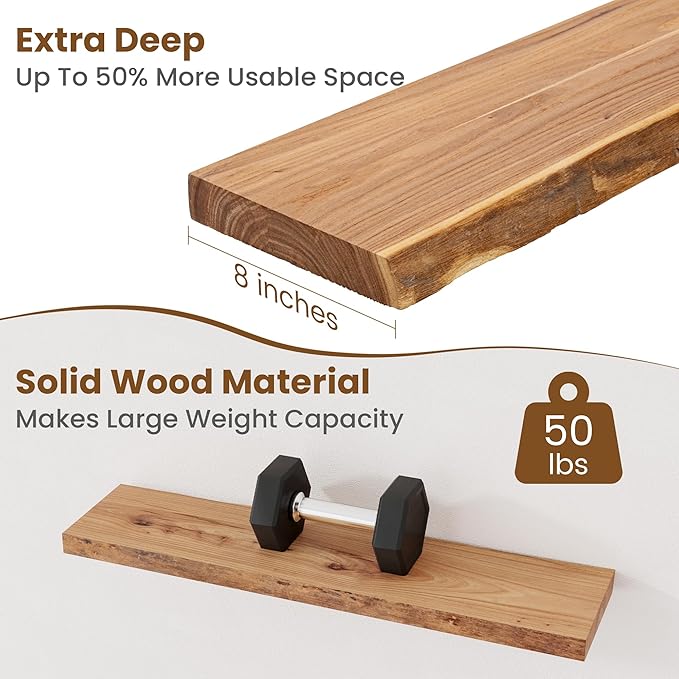 Floating Shelves for Wall Decor, Rustic Solid Elm Wood Live Edge Floating Shelves Wall Mounted, Wall Shelves with Invisible Bracket for Living Room Bathroom Bedroom Kitchen, 32 Inch Set of 2, Natural-Ruum Studio Home