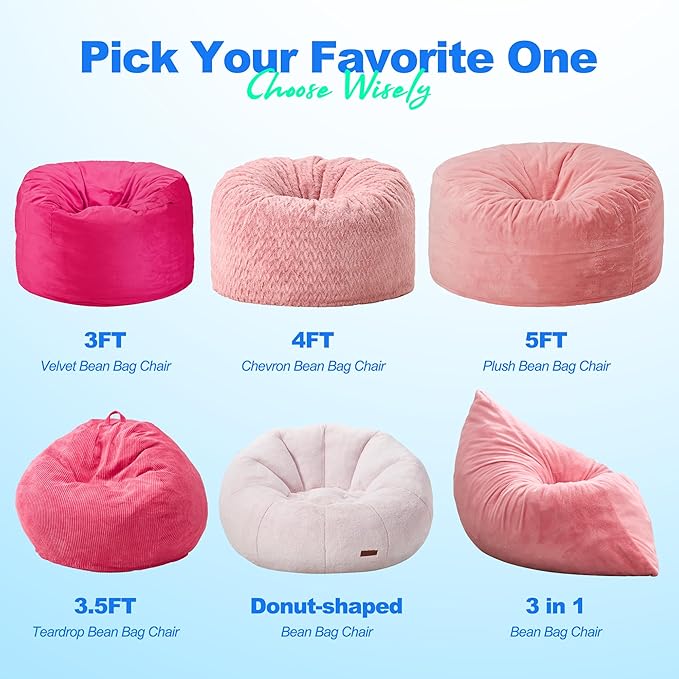 Hobestluk 3 in 1 Bean Bag Chair Giant Bean Bag Chairs for Adults with Chevron Plush Fur Cover Convertible Bean Bag Floor Cushion with Machine Washable Cover for Living Room (Plush Pink)-Ruum Studio Home