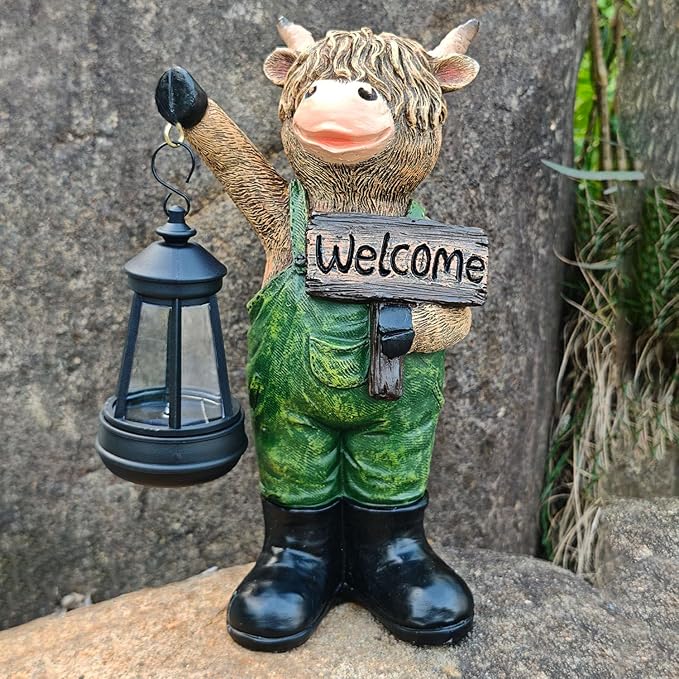 Solar Garden Decor Statues: Handmade Resin Statue with LED Light,Highland Cow Figurine Outdoor Garden Decor Unique Gifts for Women, Mom, Grandma (Green cow1)-Ruum Studio Home