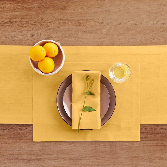 Solino Home Linen Mustard Yellow Table Runner 132 Inches Long - 100% Pure Linen Extra Long Table Runner 14 x 132 Inch - Fete-Ruum Studio Home