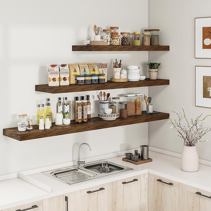 RICHFOCUS 72Inch Floating Shelves for Wall 1 Pack Shelves for Bedroom|Kitchen|Bathroom Wall Mounted Rustic Wood Floating Shelf with Invisible Brackets for Books|Storage|Decor, Rustic Brown-Ruum Studio Home