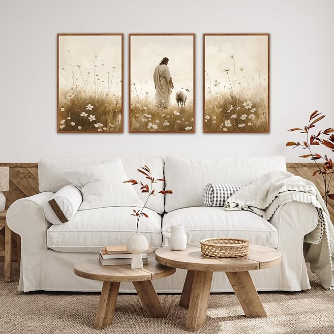 KAIRNE Jesus Framed Canvas Wall Art,Lost Sheep Wall Decor Set of 3(16”X24”),Holy Christian Art Print,Religious Scripture Pictures,Bible Renaissance Wall Painting for Living Room,Bedroom,Church Decor-Ruum Studio Home