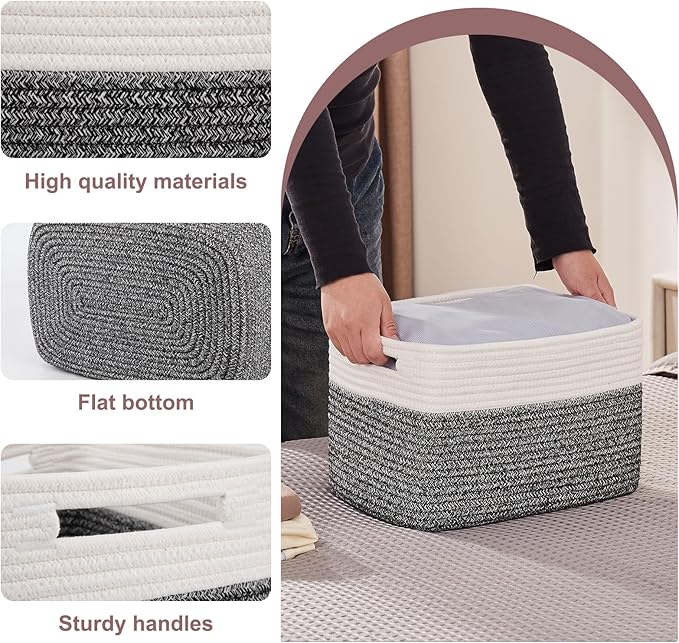 OIAHOMY 4 Pack Storage Baskets for Organizing, Basket for Shelves with Handle, Woven Baskets for Storage Toys, Towels, Books, Cotton Rope Basket 13" L x 9 " W x 7.8 " H, Black & White-Ruum Studio Home