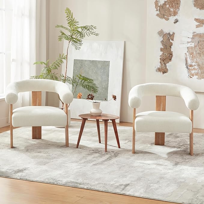 VKNOW Accent Chairs Set of 2, Modern Upholstered Living Room Chair Armchair with Solid Wood Legs, Comfy Barrel Arm Chairs for Living Room Bedroom, Cream-Ruum Studio Home