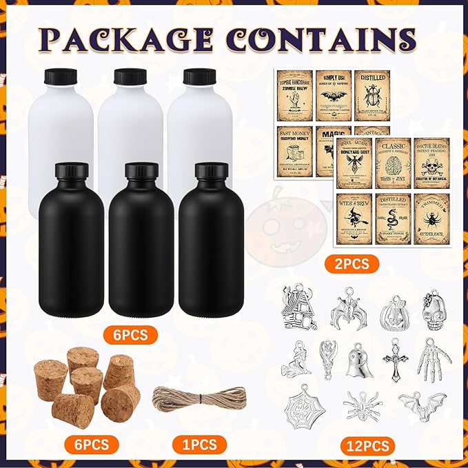 Uiifan 31 Pcs Halloween Potion Bottles Set Including Glass Apothecary Bottles with Cork Stickers and Pendants Halloween Decorations Indoor Party Supplies(White, Black,8.5 oz)-Ruum Studio Home