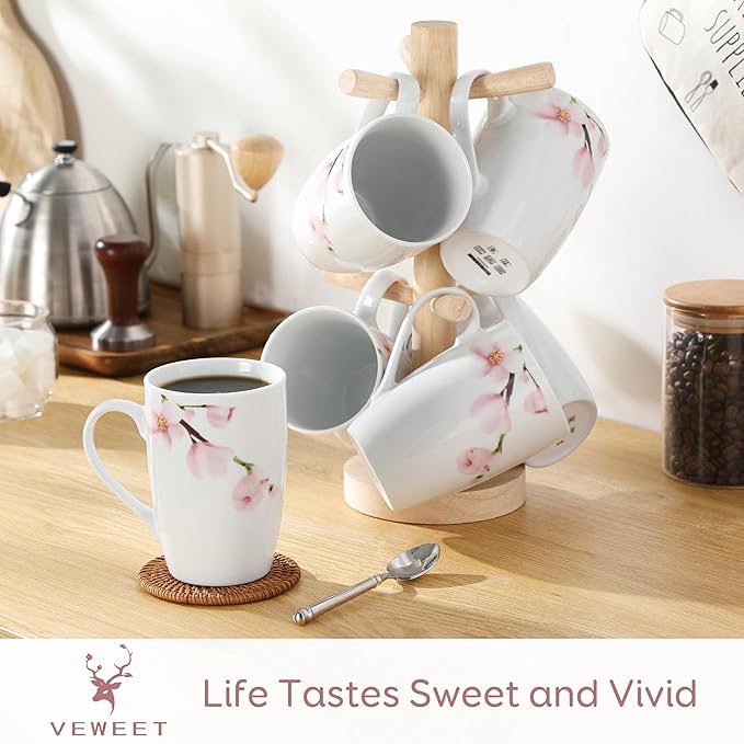VEWEET Large Coffee Mugs Set of 6, 16 OZ Coffee Cups Set with Handle, Floral Mug Sets Ceramic Cup Set for Kitchen, Microwave& Dishwasher Safe, Series ANNIE-Ruum Studio Home