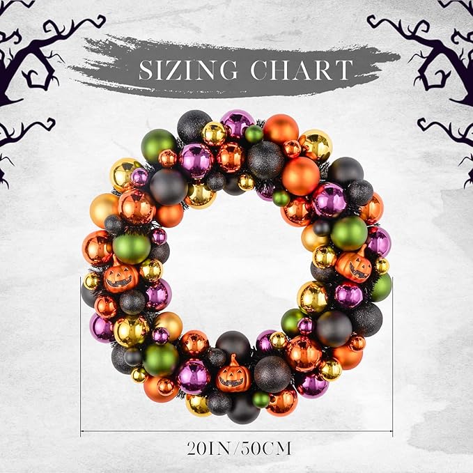 JORNOY 20inch Large Halloween Ball Wreath with Ghost & Pumpkin Accents - Seasonal Orange/Black Wall Hanging, Front Door, Mantel, Porch Decor for Home-Ruum Studio Home
