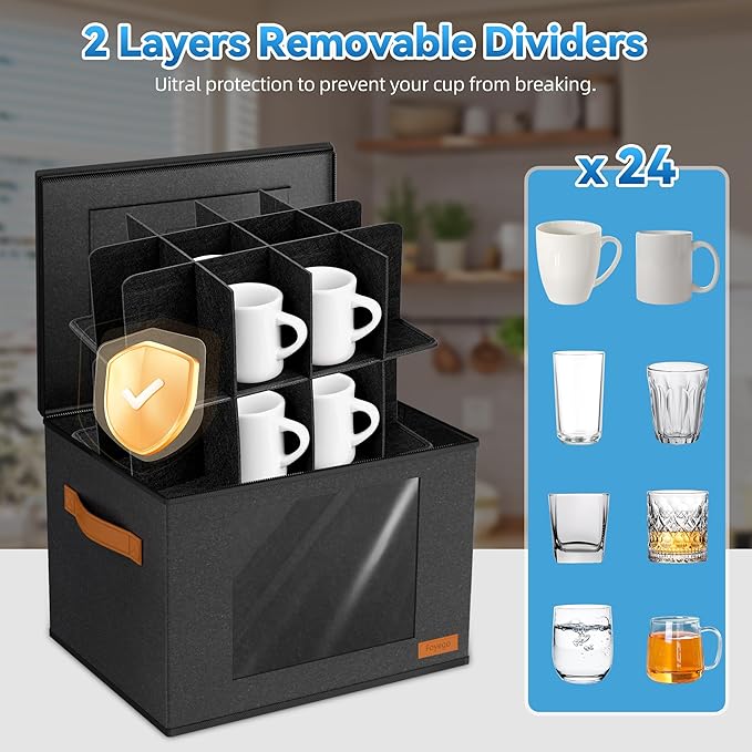 2-Layer Coffee Mug Storage Box with Dividers, Coffee Cup Storage Organizer with Zipper Lid and Handles, Stackable Mug and Cup organizer Service for 24 Coffee Mugs, Cups and Glasses, Dark Grey-Ruum Studio Home