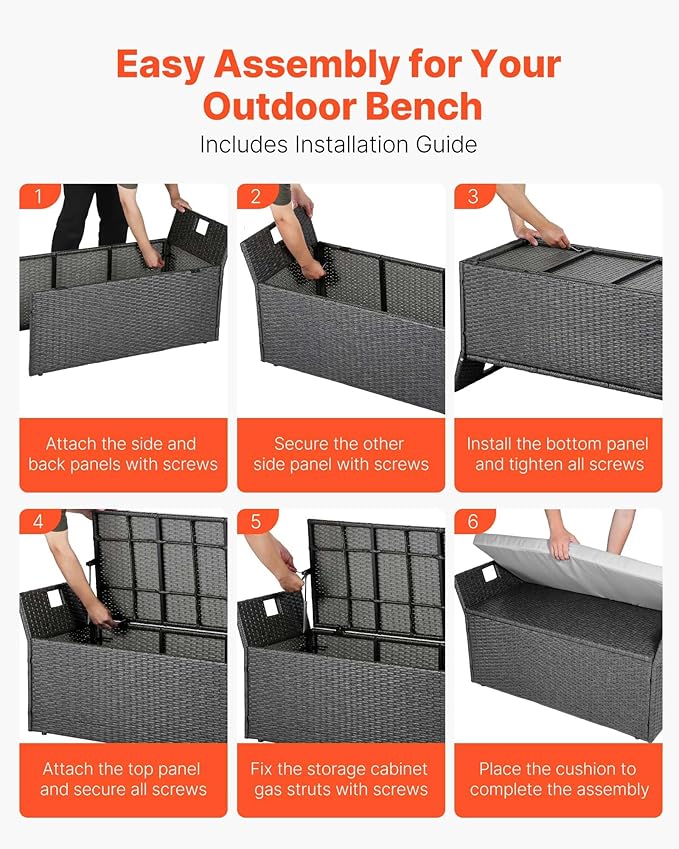 VEVOR Outdoor Storage Bench, 2-Person PE Rattan Storage Bench, 40 Gal Deck Box with Cushion & Side Handle, Supports up to 400 lbs, Weatherproof Outdoor Seating & Porch Decor for Patio Garden Balcony-Ruum Studio Home