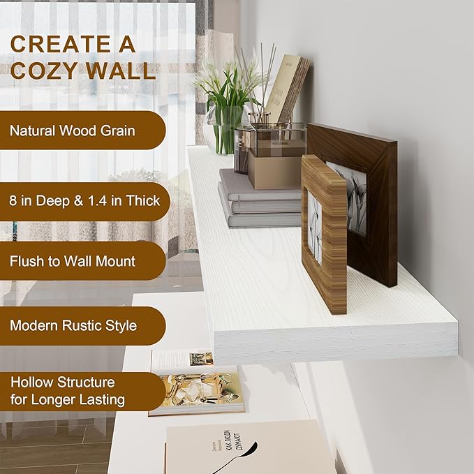 White Floating Shelves 48 Inch Long, 8 Deep Floating Shelves for Wall, Rustic 48" Long Fireplace Mantel, Large 48 x 8 Wall Shelves for Bedroom, Living Room, Bathroom, White Deep Shelves Set of 1-Ruum Studio Home