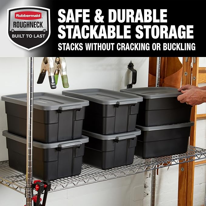 Rubbermaid Roughneck Tote 3 Gal, 6 Pack, Made in USA, Black & Gray, Rugged Plastic Stackable Storage Bins with Lids and Handles-Ruum Studio Home