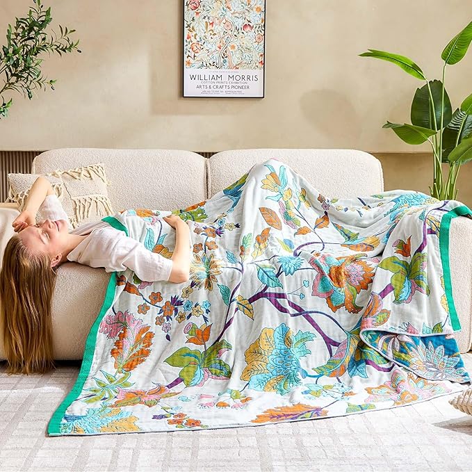 Summer Throw Blanket, 60"x80" Reversible Bohemian Flower Blanket, 100% Cotton Muslin Breathable Woven, Farmhouse Decorative Throw Blanket-Ruum Studio Home