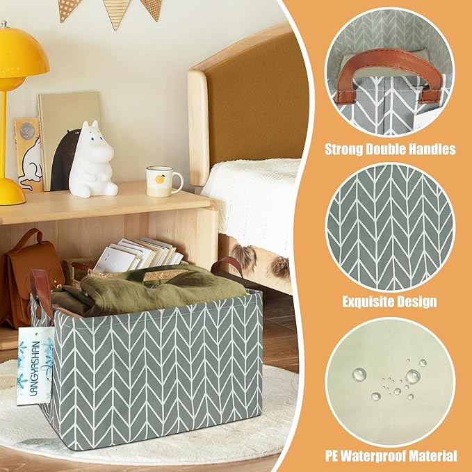 LANGYASHAN Rectangular Storage Bin Collapse Canvas Fabric Cartoon Storage Basket with Handles for Organizing Home Kitchen Boys and Girls Toys Office Closet Shelf Baskets (Rec Grey Point)-Ruum Studio Home
